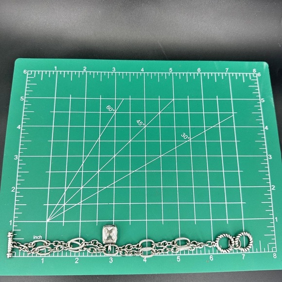 Dangle CZ Double Chain Bracelet Silver Tone Toggle Clasps - Picture 6 of 6